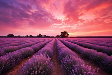 Tranquil Lavender Field: Captivating Rows of Blooming Flowers Against a Vibrant Purple Sunset Sky, generative AI