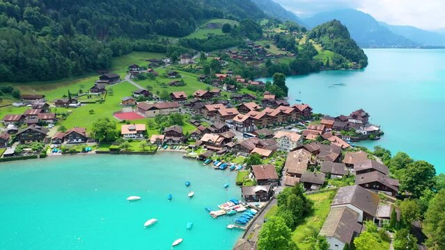 Flying right above Iseltwald - A beautiful village in Switzerland 