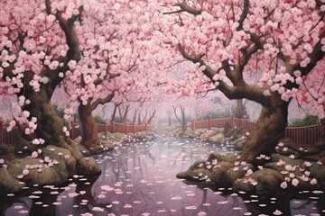 Obraz na płótnie Canvas Serene Tranquility: Exploring a Delicate Pink Petal Paradise in a Blossoming Garden, generative AI