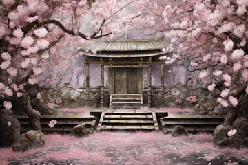 Tranquil Beauty: Delicate Pink Petals Dance in a Serene Cherry Blossom Garden, generative AI
