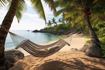 Serene Beach Hammock: Embracing Gentle Ocean Breezes, Swaying Palm Trees, and Breathtaking Views, generative AI