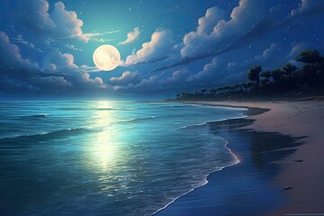 Majestic Moonlit Beach: Serene Tranquility with Shimmering Waves and Radiant Moon, generative AI