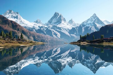 Fototapeta premium Clear Blue Sky: Serene Mountain Lake Among Towering Peaks, generative AI