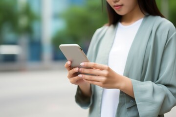Close-up of Asian woman's hands using smartphone.