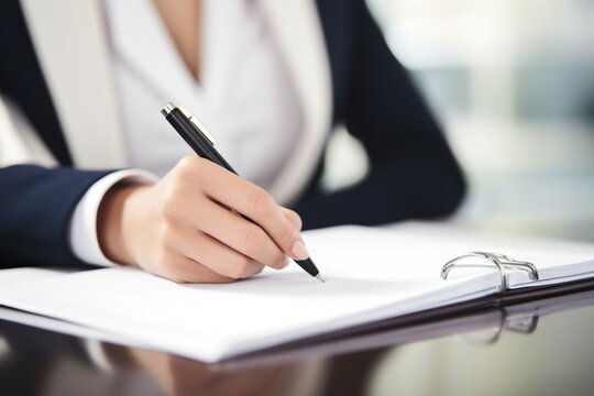 Business woman's hand with a pen writes on a notepad on office table.