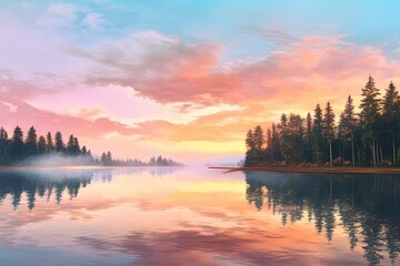 Obraz premium Pastel Serenity: Captivating Sunrise Over Calm Lake, generative AI