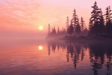Fototapeta na wymiar Tranquil Ambiance: Pastel Hues and Misty Waters Embrace a Serene Sunrise over a Calm Lake, generative AI