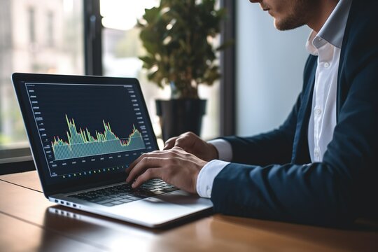 Businessman analyzes financial data on laptop, studies economic growth, plans and strategizes for trading and investment, reviews financial reports.