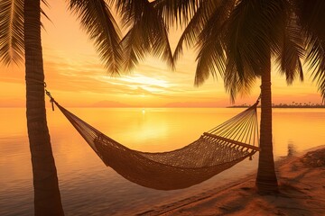 Sunrise Beach Hammock: Tranquil Tropical Oasis with Swaying Palms and Gentle Ocean Breeze, generative AI