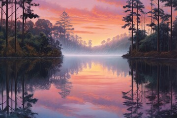 Naklejka na ściany i meble Serenity at Sunset: A Tranquil Lakeside Reflection, generative AI