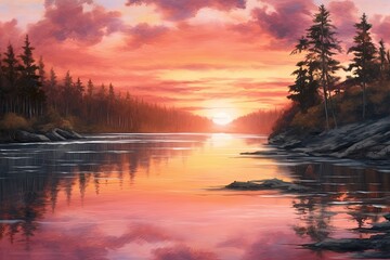 Sunset Serenity: A Tranquil Lakeside Scene with Warm Hues and Serene Reflection, generative AI