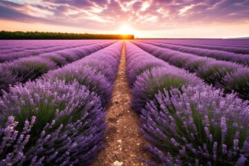 Obraz premium Purple Bliss: Exploring a Lavender Serenity in Infinite Rows, generative AI