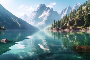 Crystal-Clear Water and Majestic Peaks: A Tranquil Mountain Lake with a Serene Reflection, generative AI