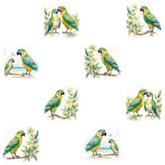  watercolor tiled pattern with cute parrots on the white background. Parrots illustration for kids, generative art.