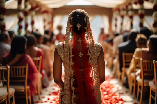 Glimpse the sacred union from behind, as a Hindu wedding ceremony unfolds, a tapestry of traditions and emotions weaving together. Generative AI