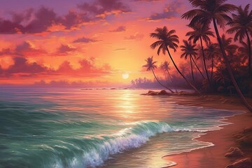 Fototapeta na wymiar Golden Sunset Paradise: A Gentle Tropical Beach With Swaying Palm Trees and Gentle Waves, generative AI