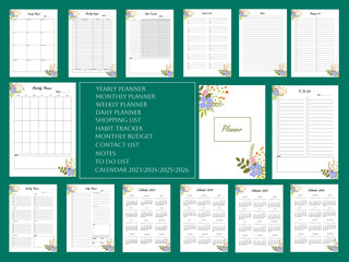 Flowers planner pages templates:daily planner, weekly planner,monthly planner, yearly planner,to do list,habit tracker,contact list, shopping list,notes, monthly budget,calendar 2023/2024/2025/2026