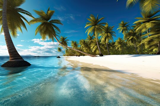 Turquoise Waters and Soft White Sand: A Tropical Paradise Beach with Palm Trees, generative AI