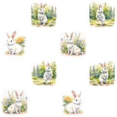 watercolor tiled pattern with cute rabbits on the white background. Rabbits illustration for kids, generative art.