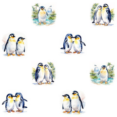 watercolor tiled pattern with cute penguins on the white background. Penguins illustration for kids, generative art.