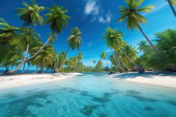 Turquoise Waters, White Sandy Beaches: Exploring the Enchanting Tropical Paradise Island with Palm Trees, generative AI