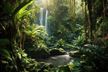 Tranquil Ambiance: Lush Green Foliage and Cascading Water in a Tropical Rainforest Waterfall Background, generative AI