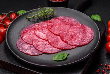 Delicious smoked salami sausage with salt, spices and herbs