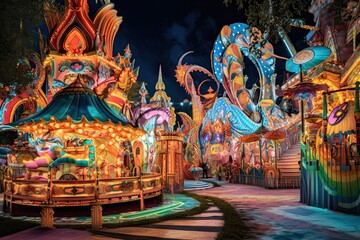 Fototapeta premium Colorful Rides, Festive Decorations, and Joyful Laughter: Immersive Experience at a Vibrant Carnival, generative AI
