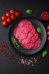 Delicious smoked salami sausage with salt, spices and herbs
