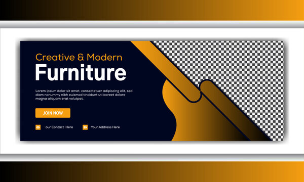 Furniture sale Facebook cover page timeline web ad banner template with photo place modern layout dark blue background and vivid Golden color shape and text