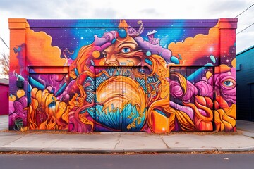 Bold Urban Creativity: Exploring a Vibrant Street Art Mural Background with Large-Scale Graffiti and Vibrant Colors, generative AI