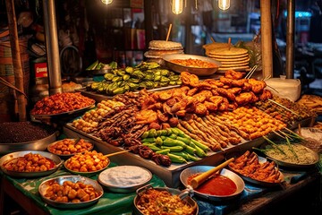 Vibrant Street Food Market: Colorful Stalls & Delectable Cuisines Galore!, generative AI