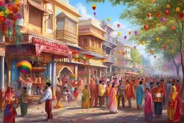 Vibrant Street Festival: Lively Music, Colorful Decorations & Traditional Attire Celebrations, generative AI