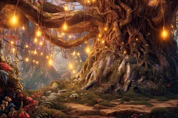 Enchanting Fairytale Forest: Sparkling Fairy Lights, Magical Creatures, & Ancient Trees, generative AI