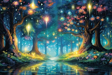 Enchanted Trees, Magical Creatures, and Sparkling Fireflies: A Whimsical Fairytale Forest, generative AI