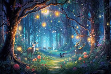 Whimsical Fairytale Forest: Towering Trees, Sparkling Fireflies, and Enchanting Creatures, generative AI
