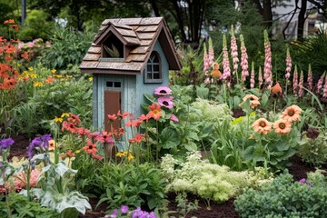 Fototapeta na wymiar Whimsical Garden: Blooming Flowers, Playful Butterflies, and a Charming Birdhouse, generative AI