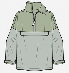 HIGH NECK TURTLE NECK PARKA ANORAK WITH CUT AND SEW DEATIL COLOR BLOCK UNISEX JACKET DESIGNED FOR MEN AND WOMEN IN VECTOR ILLUSTRATION © JUSTDZINE