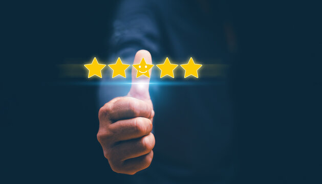 Customer experience satisfaction concept. Standardization and quality in products and services. Hands of client thumb up positive emotion smile face icon and five stars. Excellent services rating.