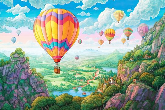 Colorful Balloons Soar on Whimsical Hot Air Balloon Ride with Spectacular Panoramic Views, generative AI