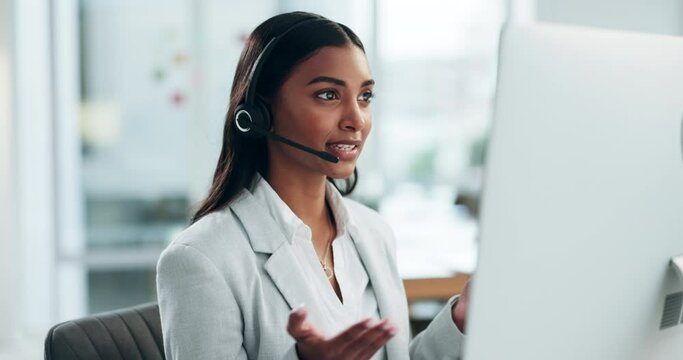 Customer support, computer video call and business woman consulting in sales telemarketing, telecom or webinar. Insurance agent, networking advisor and female consultant explain on online conference