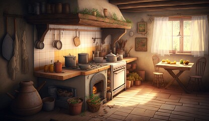 Kitchen in village home of poor family illustration Ai generated art - obrazy, fototapety, plakaty