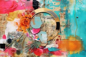 Vibrant Colors and Textured Layers: Exploring an Abstract Mixed Media Art Background with Collage Elements, generative AI