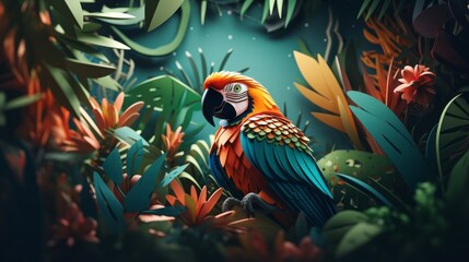 Fototapeta na wymiar Macaw in amazon rainforest perched on a tree, colorful. 3d paper art, papercut, colorful, illustration, background, landscape, wallpaper.