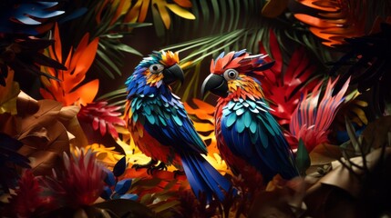 Fototapeta premium Macaw in amazon rainforest perched on a tree, colorful. 3d paper art, papercut, colorful, illustration, background, landscape, wallpaper.