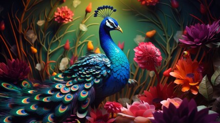 Fototapeta premium Exotic peacock and flowers, bright colors. 3d paper art, papercut, colorful, illustration, background, landscape, wallpaper.