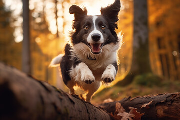 Happy Border Collie dog jumping over a log in the woods with golden light during the autumn season.