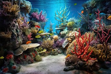 Naklejka na ściany i meble Vibrant Underwater Coral Garden: Exploring a Diverse Marine Life and Kaleidoscope of Colors, generative AI
