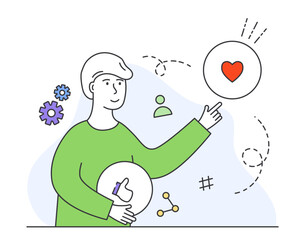 Business Marketing illustrations. Social media marketing specialist. Ecommerce business concept. Happy man with heart and like concept. Vector illustration