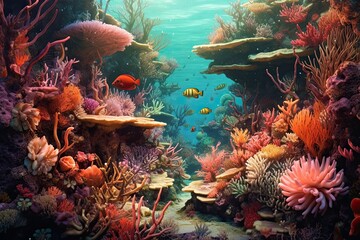 Fototapeta na wymiar Vibrant Marine Life & Intricate Coral Formations: Exploring an Enchanting Underwater Coral Garden, generative AI